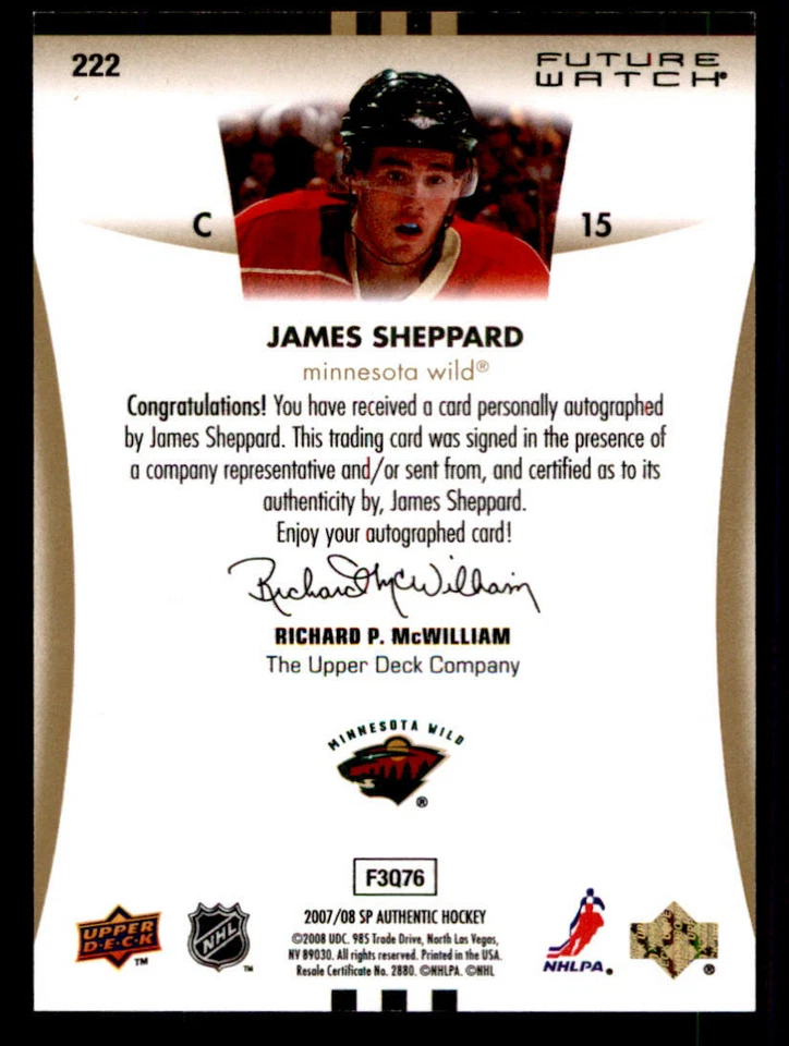 2007-08 SP Authentic #222 James Sheppard AU RC /999 (ref 240007) - Image 2 of 2