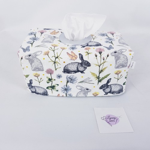 Tissue Box Cover Handmade White Rabbit Print Spring Linen Silver Circle Opening - Bild 7 von 10