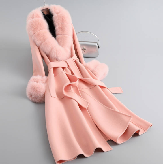 Double-sided Woolen Coat Womens Mid Long Belted Fox Fur Collar Cashmere Overcoat