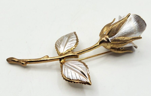 Vintage Gold and Silver Tone Three Dimensional Single Stem Rose Pin Brooch - Picture 3 of 6