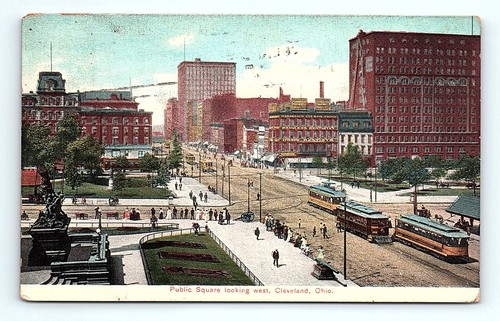Postkarte Öffentlicher Platz Blick West Cleveland Ohio Kanonen belebte Straßen 1908 - Bild 1 von 3