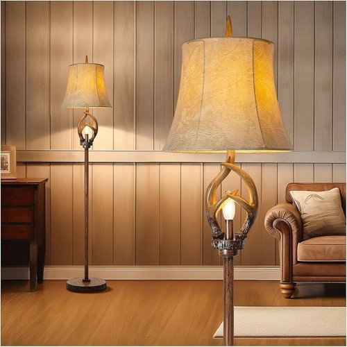 Rustic Farmhouse Antlers Floor Lamp with Night Light Faux Leather Bell Shade... - Picture 2 of 5