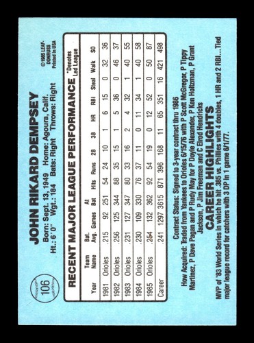 1986 Donruss #106 Rick Dempsey Baltimore Orioles - Imagen 2 de 2