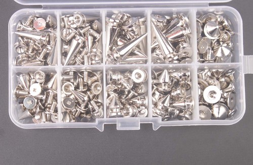 96 Sets of Mixed Lots Silver Metal Bullet Rivet Spikes Studs In Storage Box - Picture 3 of 6