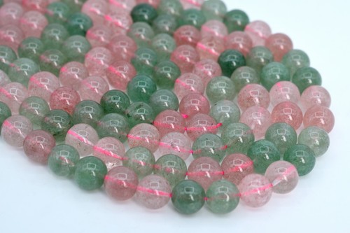 9-10MM Genuine Natural Green & Pink Strawberry Quartz Beads AA Round Beads 7.5" - Picture 2 of 3