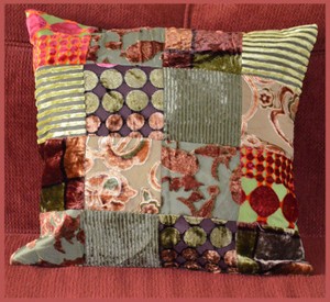 Hand-Crafted-Chenille-Patch-Work-Green-Silk-Pillow-Cover-Cushion-Cover-India