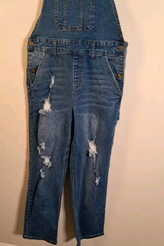 No Boundaries Denim Destressed Blue Overalls Straight Leg Size M 7-9 - Picture 3 of 5