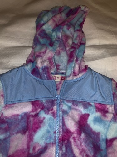 Size 14 SO Plush Faux Fur Tie Dye Zip Front Hooded Jacket White Blue Purple New - Picture 3 of 7