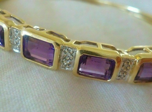 14K Yellow Gold Plated Women 5CT Emerald Simulated Amethyst Bangle Bracelet - Picture 3 of 6