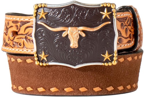 3D Western Boys Belt Youth Leather Lace Stitch Tooled Floral Brown D120003702