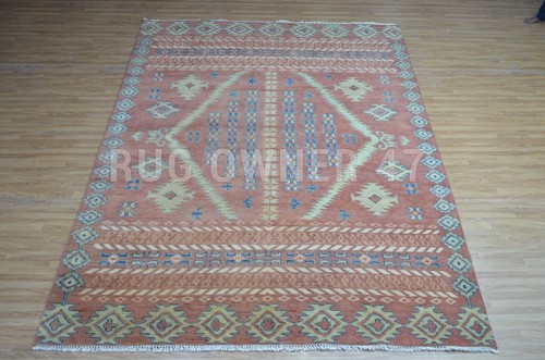 9'X12' Rust Blue, Handmade Geometrical Oriental Hand-Knotted Wool Area Rug 16829 - Picture 9 of 9