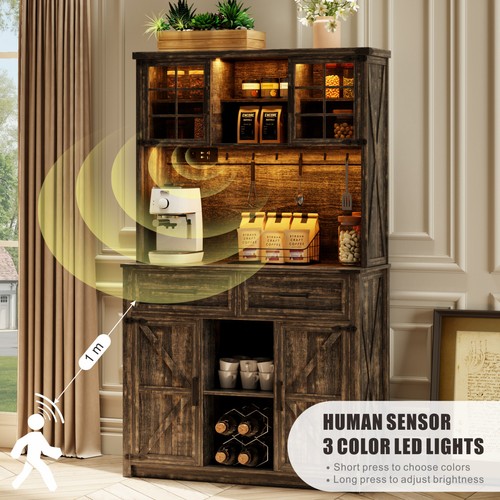 Farmhosue Bar Cabinet,with LED Lights & Power Outlets, Large Kitchen Buffet Desk - Picture 5 of 8