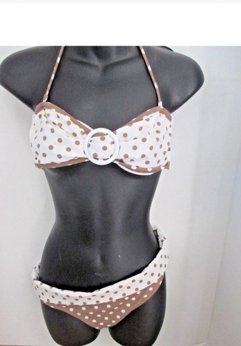 VICTORIA'S SECRET Ivory/ Brown Polka Dot 2 Piece Halter Bandeau Swim Set Sz S - Picture 1 of 5