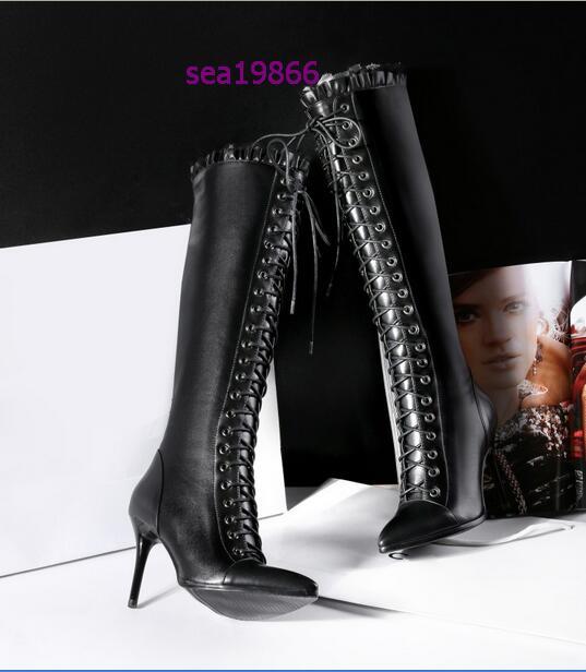 Fashion Over the the the Knee Knight High Heels pointed Lace up Genuine leather Boot e72477 Fashion Over the the the Knee Knight High Heels pointed Lace up Genuine leather Boot e72477