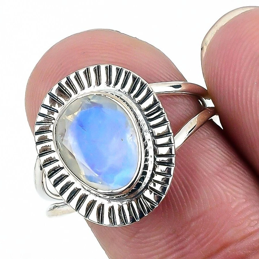 Anillo Hermana Racimo Boho Plata Esterlina Sólida Piedra Lunar Arco Iris Talla 9 Foto 3 de 4