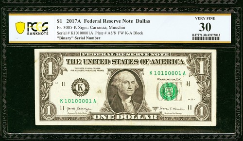 TRUE BINARY K10100001A $1 One Dollar Bill Fancy Serial Number FRN K 1010 0001 A