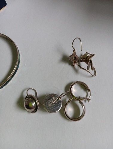 Sterling Silver Lot Vintage 3x Pair Earings + 1 Bangle Marked Mexico Indigenous - Picture 9 of 24