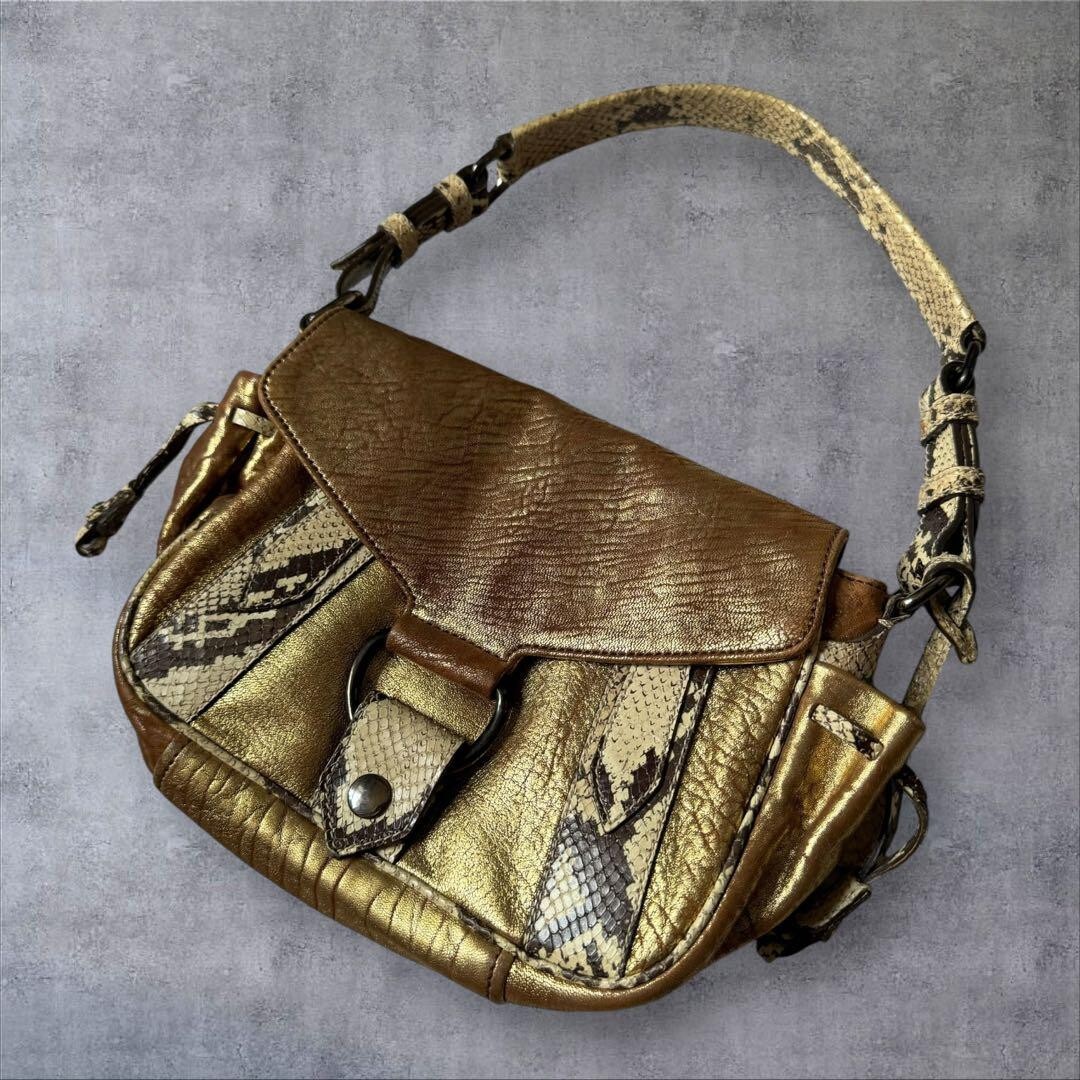 Y2K 00s archive miu miu leather one shoulder bag Beige Gold