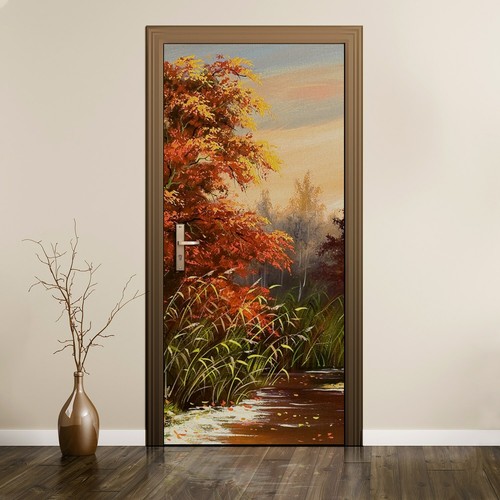 Türtapete selbstklebend Türposter Türaufkleber Ölgemälde Wald Bäume Fluss Natur - Bild 1 von 6