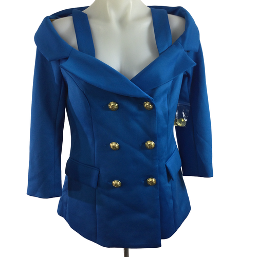 Alexia Admor Womens Double Breasted Off Shoulder Blazer Jacket Blue Size 10 NWT