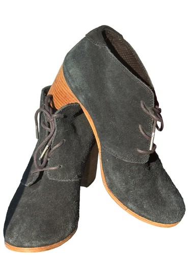 Tom's Brushed Suede Bootie Size 9 Black Lace Up Chunky 3" Wood Heel - Imagen 2 de 10