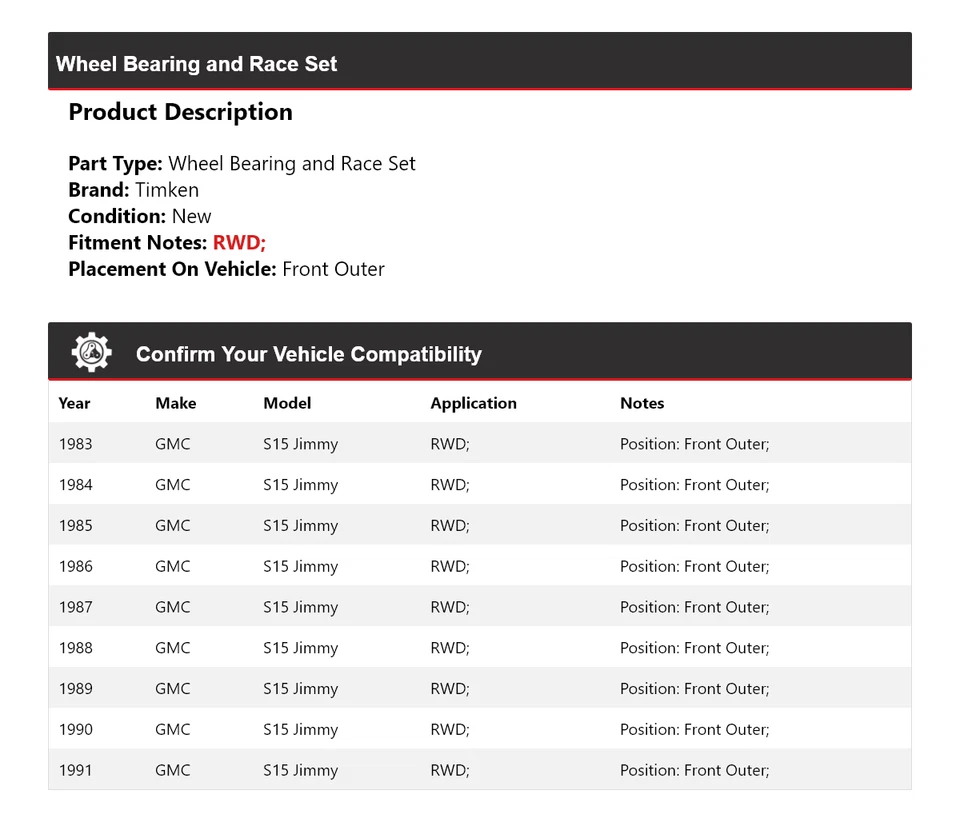 Juego de cojinete de rueda y carrera delantero exterior Timken para GMC S15 Jimmy 1983-1991 tracción trasera Foto 2 de 4
