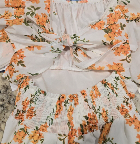 Exlura Floral Tie-Back Mini Dress Womens Small Lantern Sleeve Square Neck NWT - Picture 7 of 9