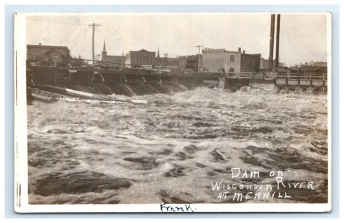 1908 Wisconsin River Wooden Dam Merrill WI Bridge Antique RPPC Postcard Wausau - Picture 2 of 3