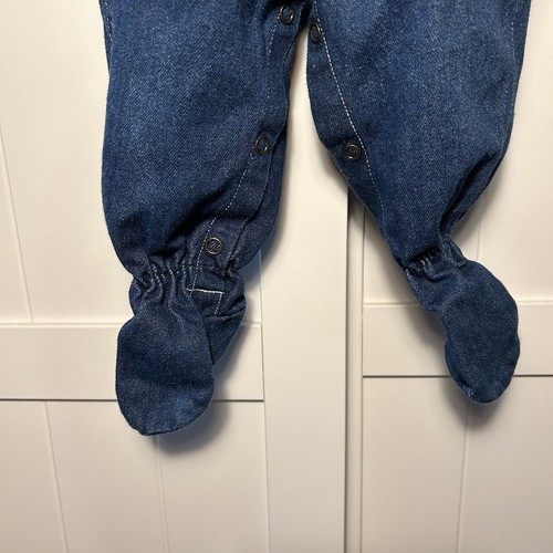 Vintage Happy Kids Denim Blue Jeans Footie Overalls Cold Weather Baby 6 Months - Picture 5 of 9