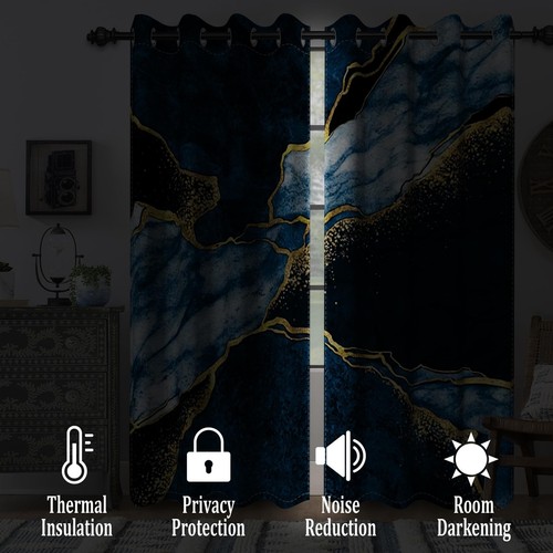 Renaiss Blue Gold Marble Blackout Curtains for Bedroom Abstract Fluid Striped... - Picture 2 of 7