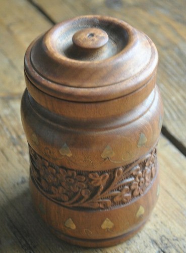Vintage Wooden Jar Cannister- carved lidded jar or pot with Brass Inlay Indian - Picture 2 of 7