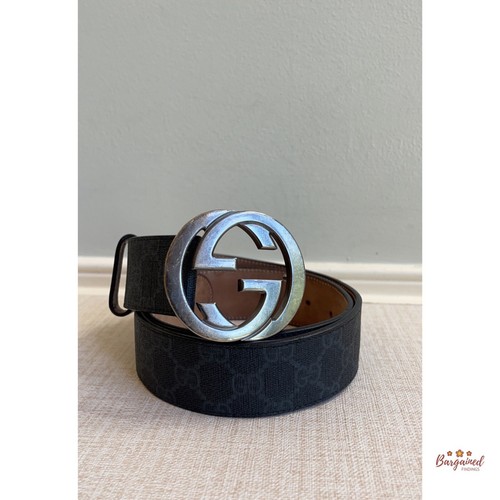 Authentic Gucci Black & Gray GG Supreme Canvas Interlocking G Buckle Belt 85/34 - Picture 2 of 13
