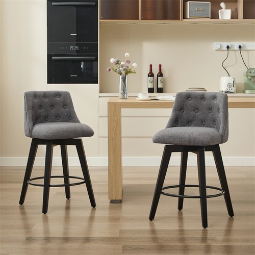 25''Bar Stools Swivel Chairs Comfortable Linen w/Button-Tufted Backrest Set of 2 - Picture 11 of 12