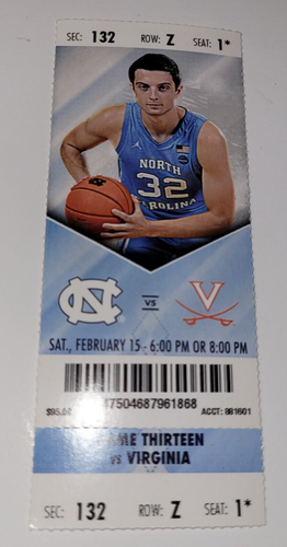 UNC vs University Of Virginia Cavaliers Basketball Ticket Stub February 15, 2020 - Picture 1 of 2