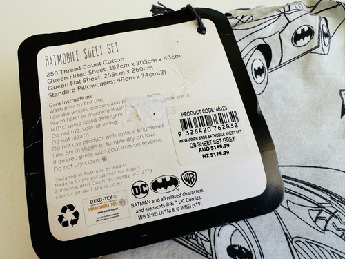 A K Batmobile Grey Queen Sheet Set BNIP RRP $149.99 - Picture 2 of 4