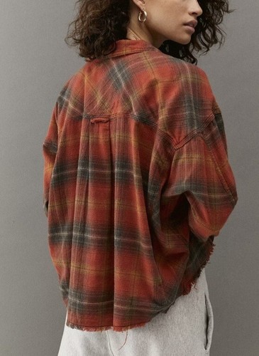 BDG Boxy Cropped Flannel Shirt Urban Outfitters Fall Colors Raw Hem Bombfire S - Picture 3 of 11