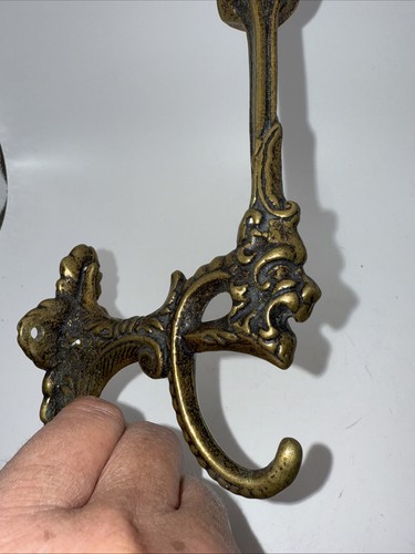 Vtg Cast Brass Double Coat/Hat Wall Hook Laughing Gargoyle Face Aged Patina 7”L - Picture 8 of 9