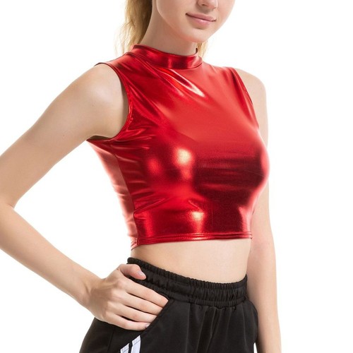 Women Tank Top Vest Tank Tops Wet Look Clubwear Crop Top Fashion Mock Neck New - Picture 2 of 24
