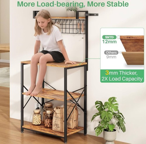 Bakers Rack with Power Outlet Kitchen Microwave Stand 4-Tier Rustic Brown - Picture 5 of 7