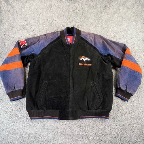 Vintage Denver Broncos Jacket Mens XL Black Suede Leather Double Sided Full Zip - Picture 1 of 21