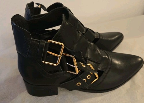Women's Black Leather Buckled Ankle Boot River Island UK Size 5 New - Picture 2 of 9