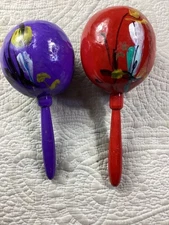 Hand-Painted Wood Maracas Pair With Floral Design*EUC