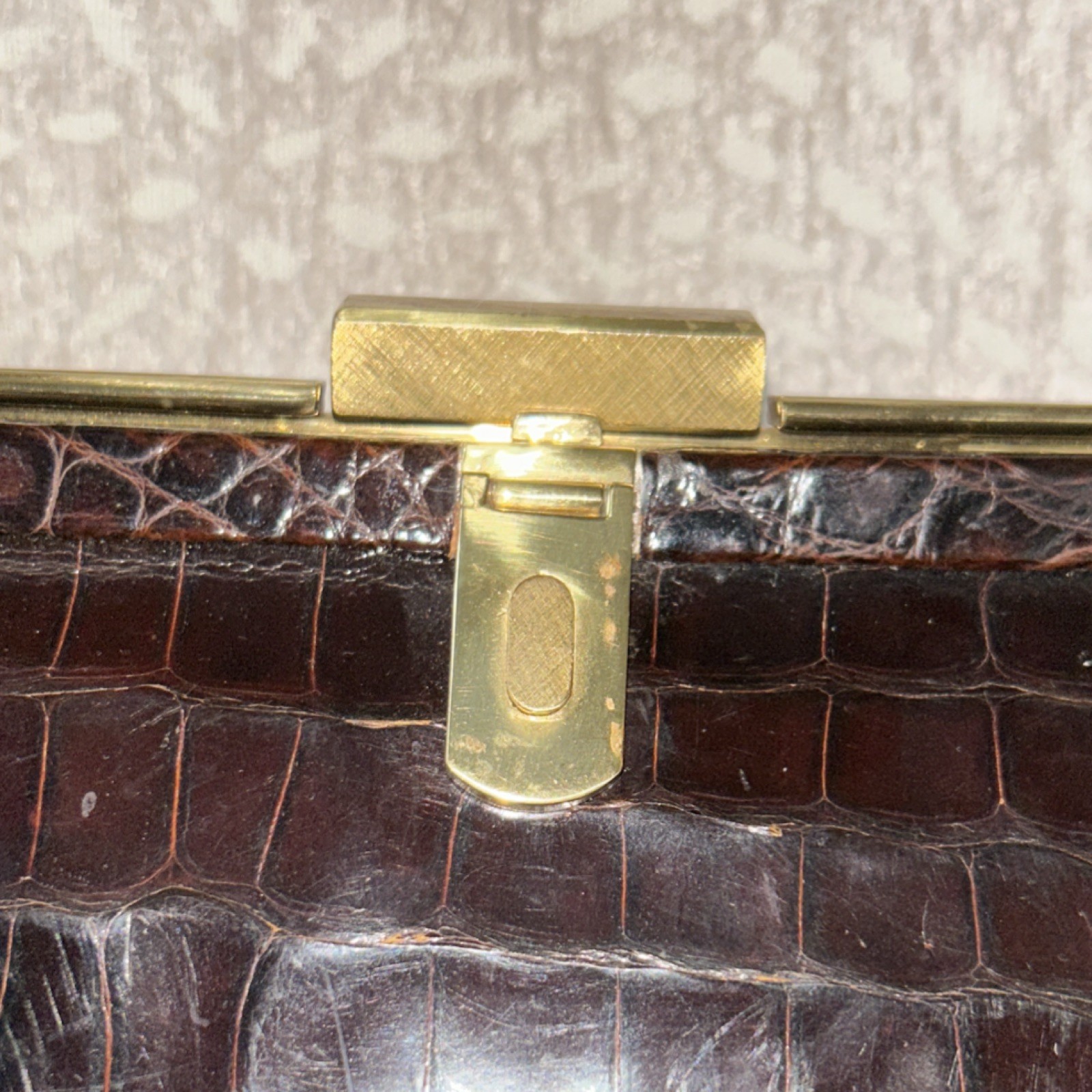 Structured Brown Crocodile Pattern Frame Handbag … - image 5