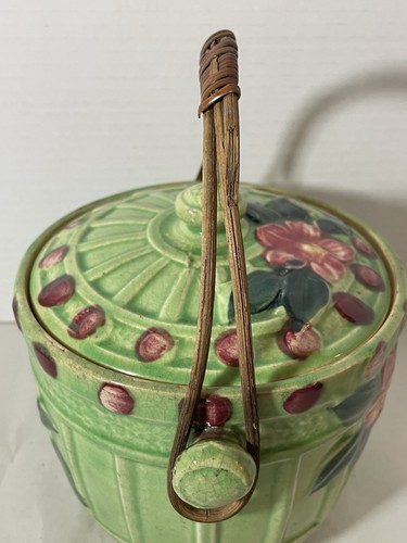 Vintage Handpainted Rattan Handle Cracker Biscuit Jar Made Japan - Picture 11 of 24