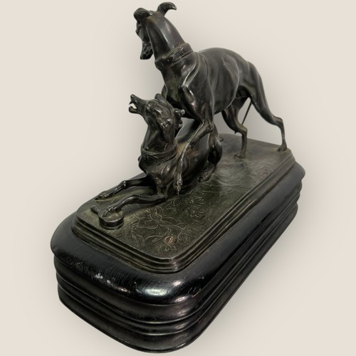 Art Deco Whippet Fighting, Bronze Metal In Style Of Arthur Waagen. Wooden Base. - Picture 7 of 23