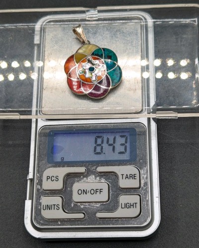 950 Silver Multicolor Stone MOP Shell Inlay Peru Peruvian Pendant for Necklace - Picture 15 of 16