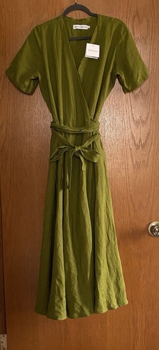 Mantaikotai 100% Linen Lisbon Wrap Dress SS V-Neck Maxi Length Green NWT - Picture 4 of 10