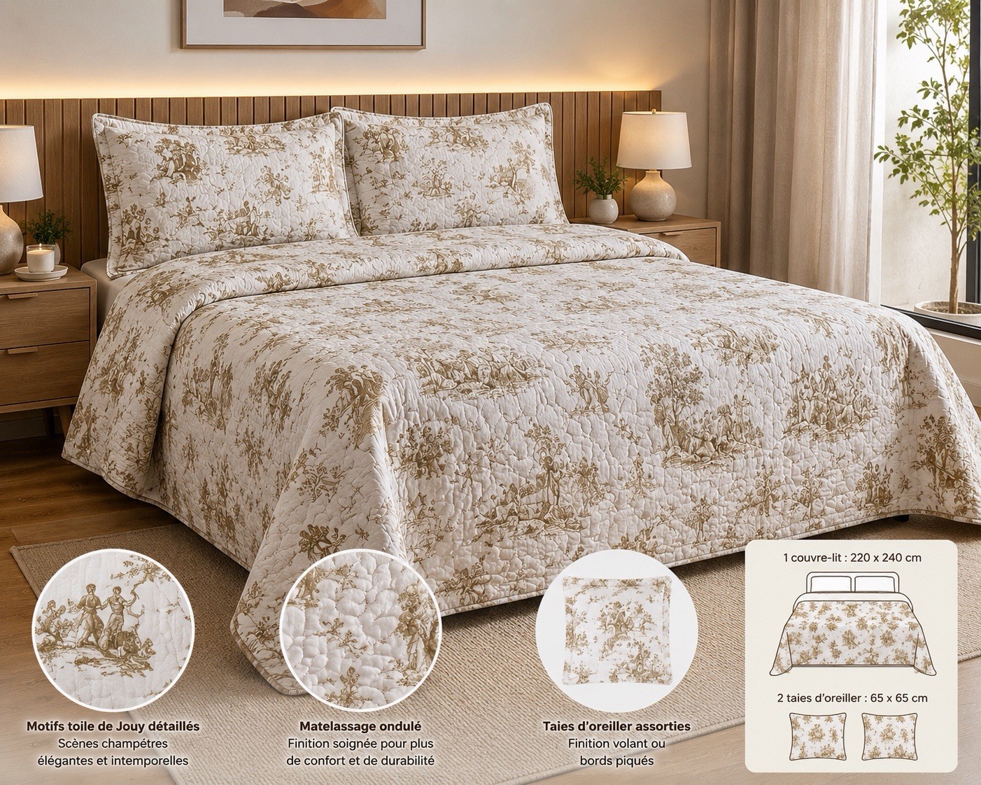 Boutis toile de Jouy beige et écru 220x240 avec 2 taies d'oreillers pour lit 2 personnes