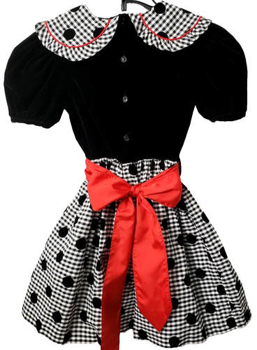 Vintage Ladybug Dot Dress 7 Velvet Taffeta Bow Red Black USA Pageant 80s Holiday - Picture 2 of 8