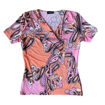 Y2K Vintage Taifun short sleeve top /tee. Cowl neck, paisley boho formal blouse